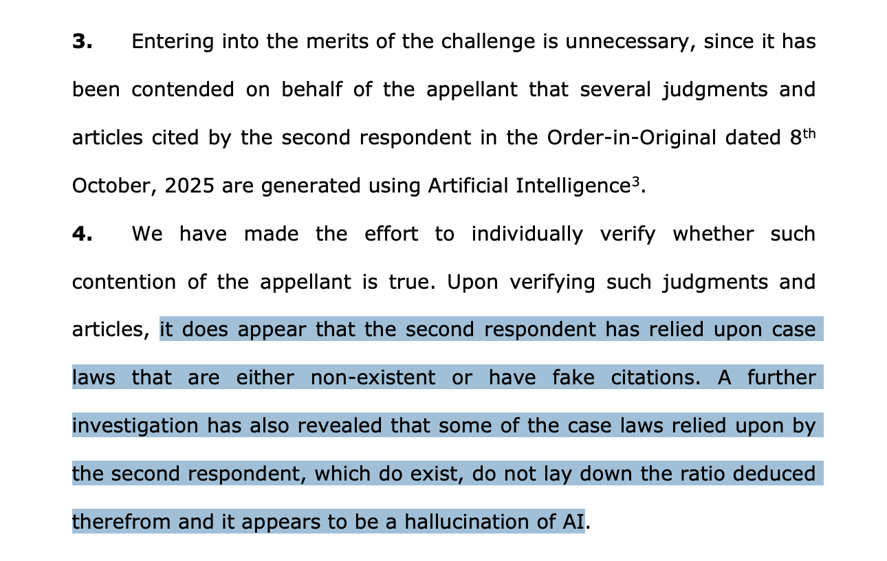 Extract from the Supreme Court of India judgment in Vijay Ghanshyam Gadiya v. Union of India, noting that the customs order relied on case laws that are non-existent or have fake citations and that it appears to be a hallucination of AI.